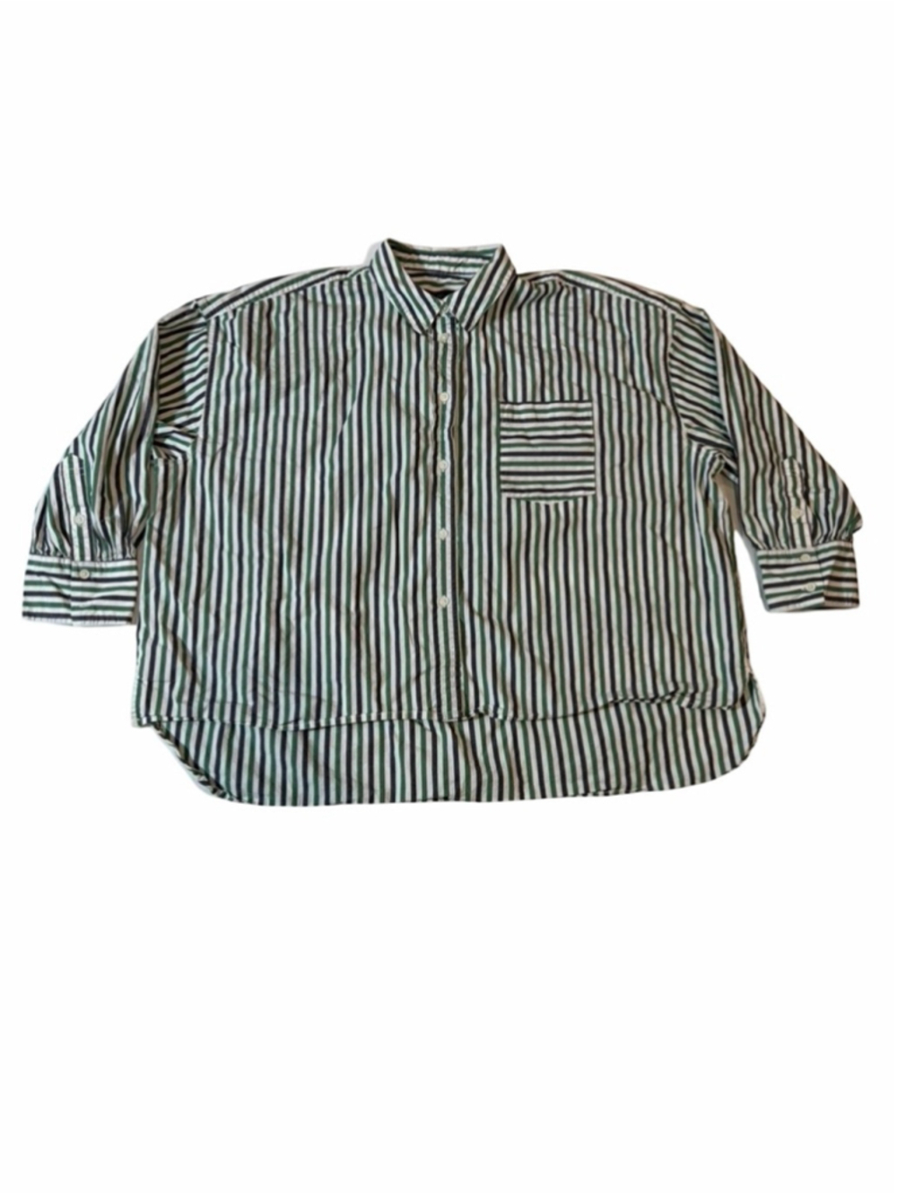 J Crew Green Navy Striped Button Down Shirt M Cotton Stretch Preppy
